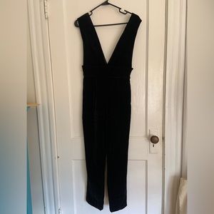 Black velvet double v jumpsuit